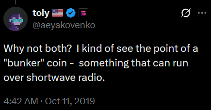 Toly's first tweet about radio blockchain (2019)
