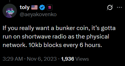 Toly's tweet about radio blockchain (2023)