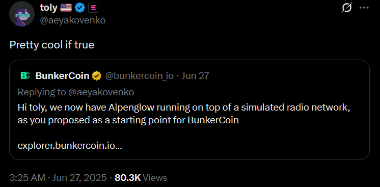Toly quote repost about BunkerCoin